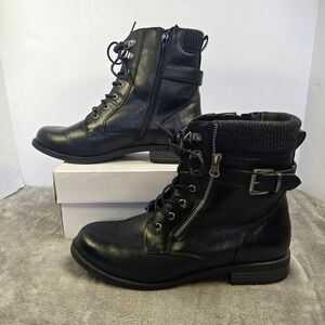 Dominique Nicole Joey Black Combat Boots Knit Collar Lace Up Zip Womens 9.5 M
